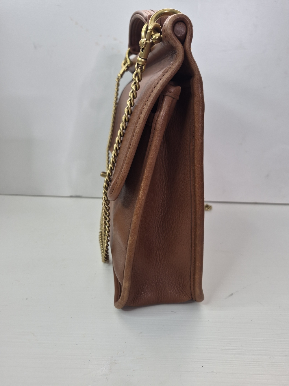 Coach Brown Leather Top-Handle Satchel with Gold Chain Strap - Picture 4 of 9